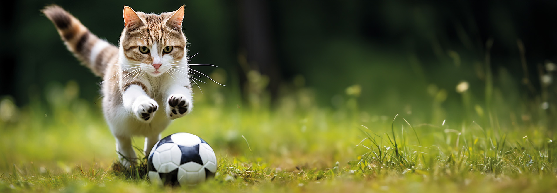 Katzenspielzeug Katze spielt mit Fußball auf dem Rasen
